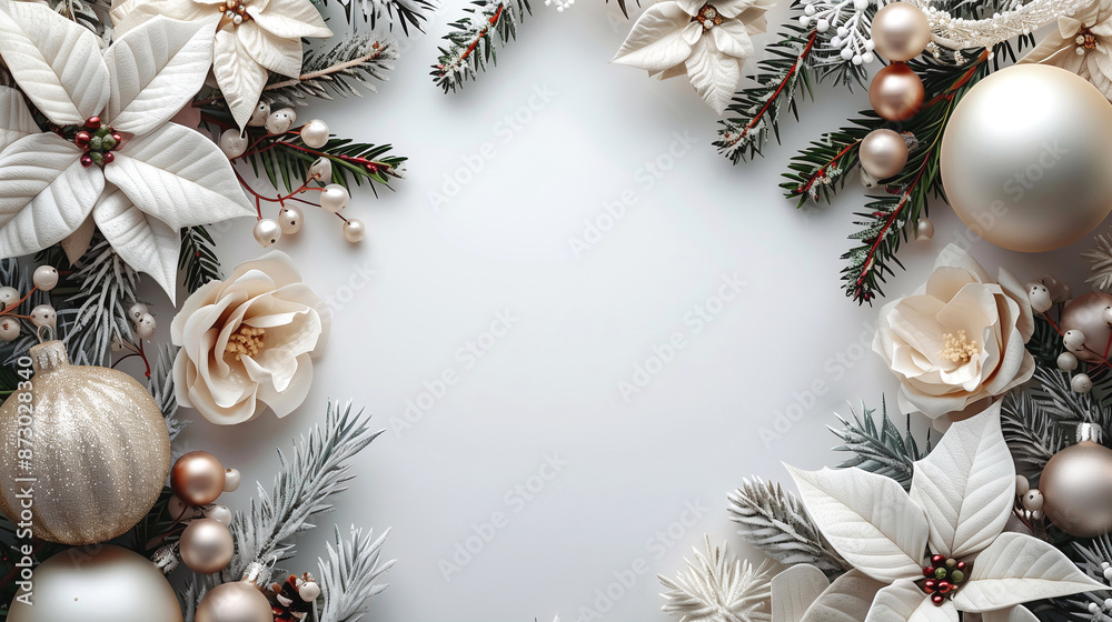 Elegant Christmas composition with white poinsettias, pearls, and gold ornaments on a light background.