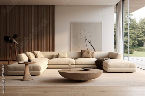 Modern minimalist living room with beige sofa and wooden coffee table