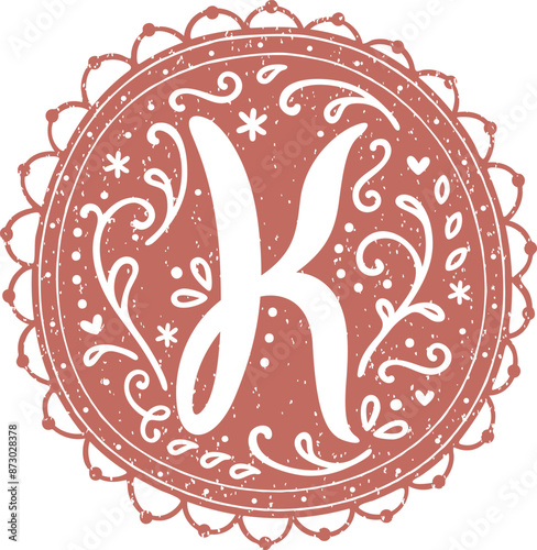 Decorative floral monogram in european old folk design lace doilies collage scrapbook rustic texture initial capital letter alphabet k