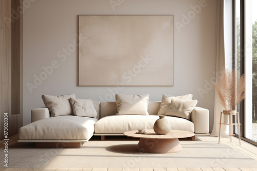 Modern minimalist living room with beige sofa and  coffee table
