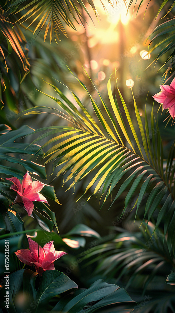 Tropical Palm leaves and flowers with sun light. Summer exotic trendy frame background with place for text Tropical Palm leaves and flowers with sun light. Summer exotic trendy frame background with place for text