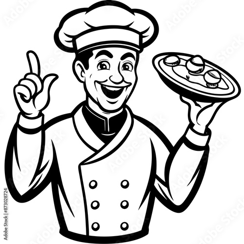 italian chef smiling and holding a pizza in his