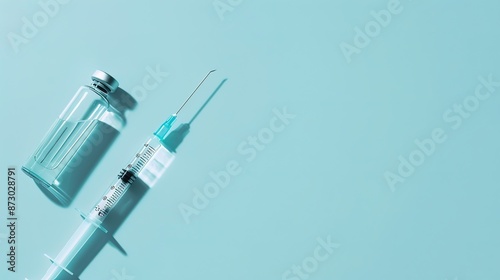 Close-Up of Syringe and Vaccine Vial on Light Blue Background for Medical Concepts