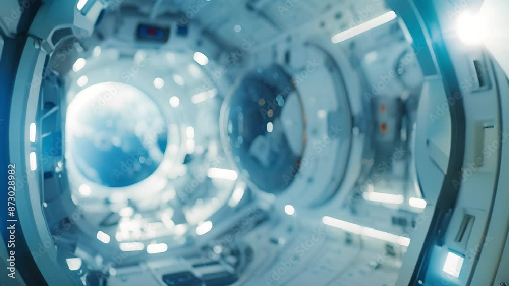Futuristic spaceship interior with circular windows Futuristic spaceship interior with circular windows