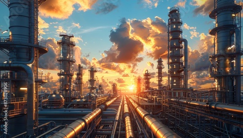 an industrial plant with pipes and towers at sunset