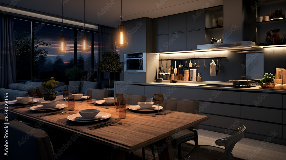 A kitchen with a table and stairs in it ,Modern black neon lighting farmhouse kitchen interior design ,Cozy style kitchen interior in modern minimalist style house A kitchen with a table and stairs in it ,Modern black neon lighting farmhouse kitchen interior design ,Cozy style kitchen interior in modern minimalist style house