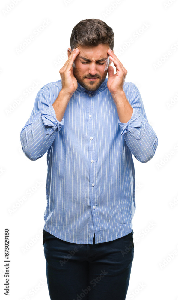 Young handsome man over isolated background with hand on head for pain in head because stress. Suffering migraine. Young handsome man over isolated background with hand on head for pain in head because stress. Suffering migraine.