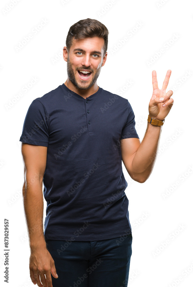 Young handsome man over isolated background smiling with happy face winking at the camera doing victory sign. Number two. Young handsome man over isolated background smiling with happy face winking at the camera doing victory sign. Number two.