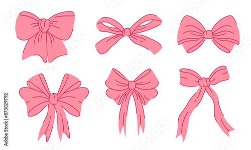 Set of whimsy pink bow knots. Hand drawn hair accessory, gift wrap. Retro aesthetics coquette collection. Transparent backdrop	