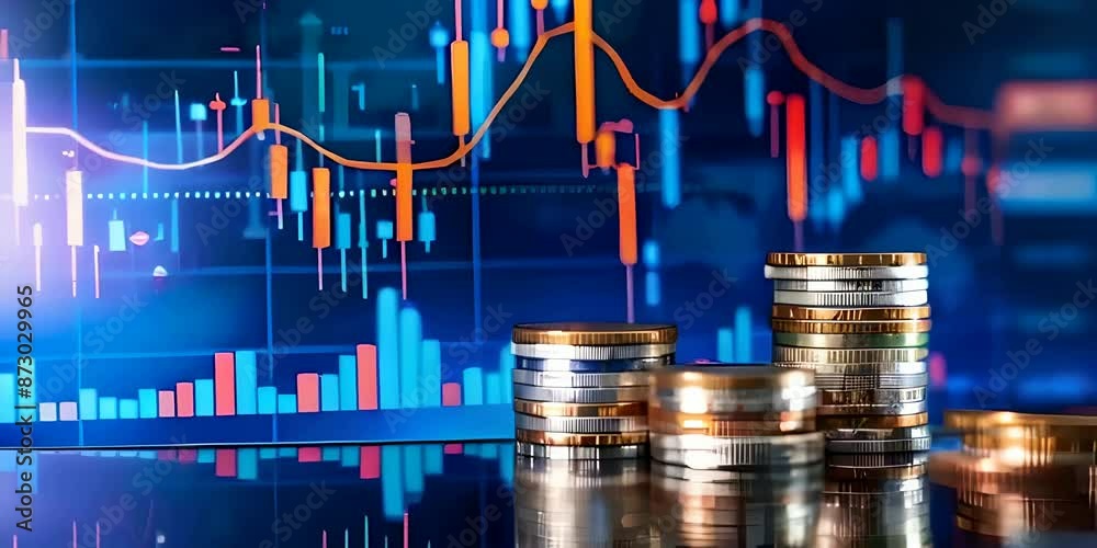 A digital stock market graph with stacks of coins on blue background illustrating financial investment and economic growth A digital stock market graph with stacks of coins on blue background illustrating financial investment and economic growth