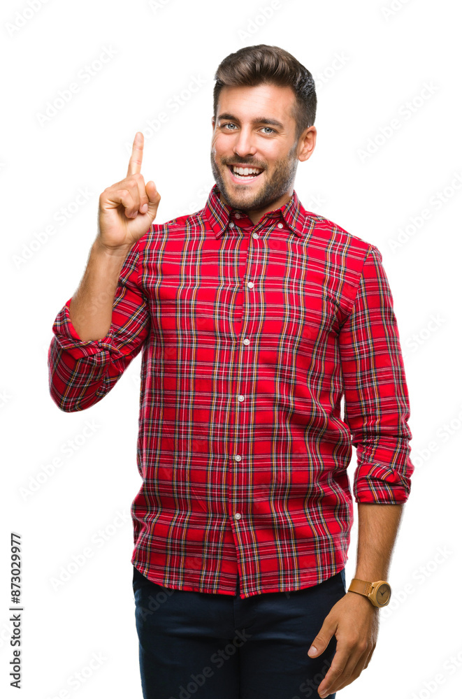Young handsome man over isolated background pointing finger up with successful idea. Exited and happy. Number one. Young handsome man over isolated background pointing finger up with successful idea. Exited and happy. Number one.