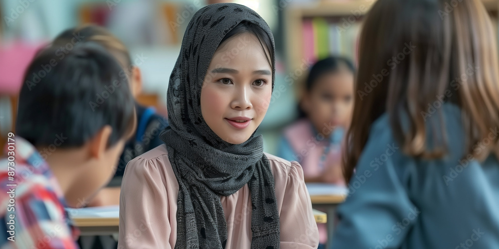 Teacher in hijab talking to students in classroom. Back to school concept. Teacher in hijab talking to students in classroom. Back to school concept.