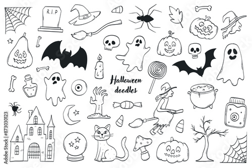 Halloween black and white doodles collection isolated on white background for coloring pages, prints, cards and posters decor, stickers, sublimation, etc. EPS 10