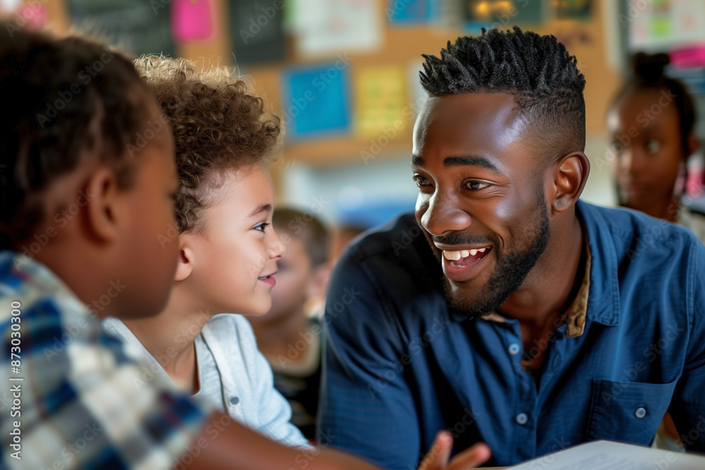Happy teacher interacting with young students in classroom. Back to school concept. Happy teacher interacting with young students in classroom. Back to school concept.