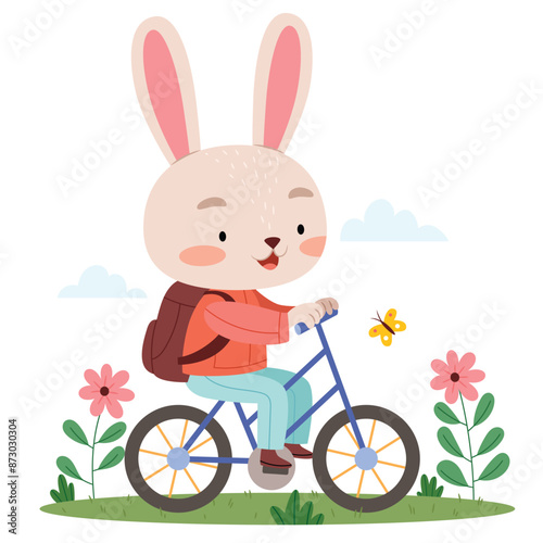 Cute cartoon smiling bunny with school bag riding bicycle to school among flowers. Animals back to school.