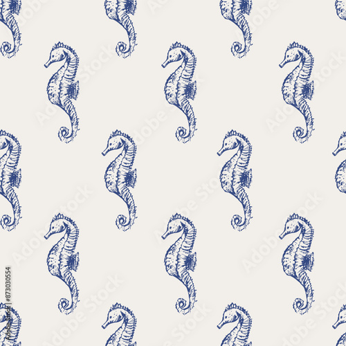 Vector sea animals seamless pattern. Seahorse in blue on white