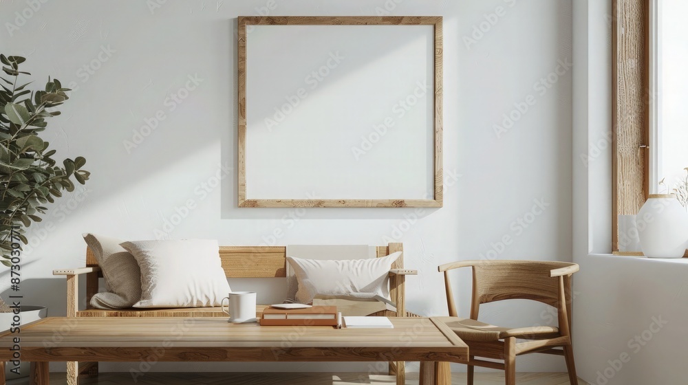 Comfortable home working space with wooden furniture, a blank frame on the white wall, and a copy space for montage on the wooden table. 3D rendering, 3D illustration. Comfortable home working space with wooden furniture, a blank frame on the white wall, and a copy space for montage on the wooden table. 3D rendering, 3D illustration.