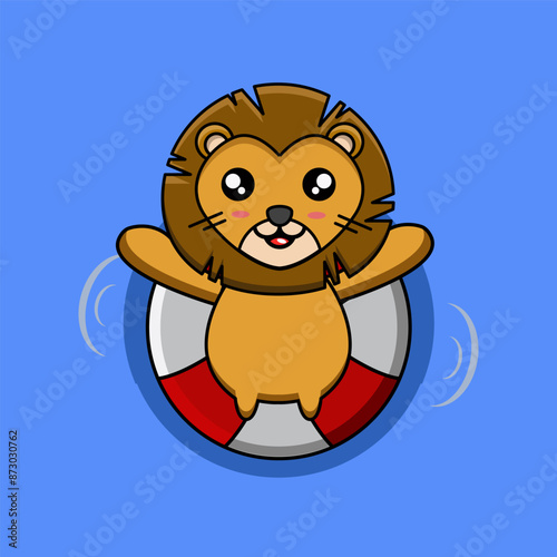 vector design illustration of a cute lion mascot relaxing with a swimming buoy
