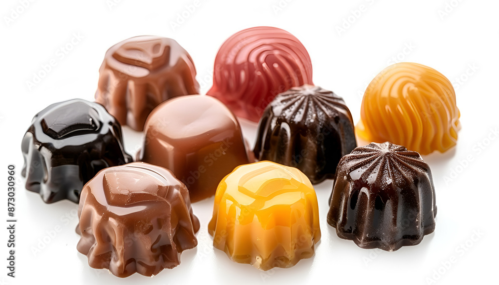 Sweet candies with caramel topping on white background Sweet candies with caramel topping on white background