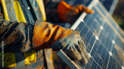  a man worker carrying a solar panel for installation, focused look, sunburnt skin, reflective vest, detailed gloves, vivid colors, high-definition textures, outdoor background, intricate solar panel  photo