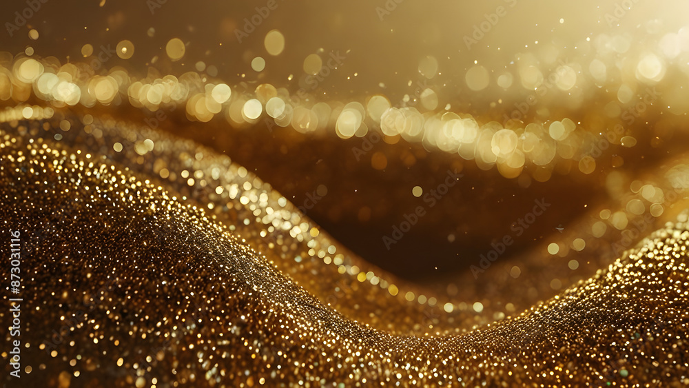 A mesmerizing close up shot of golden sparkling texture, showcasing glittering particles in wave like formation, ideal for luxurious, festive, or celebratory visuals A mesmerizing close up shot of golden sparkling texture, showcasing glittering particles in wave like formation, ideal for luxurious, festive, or celebratory visuals