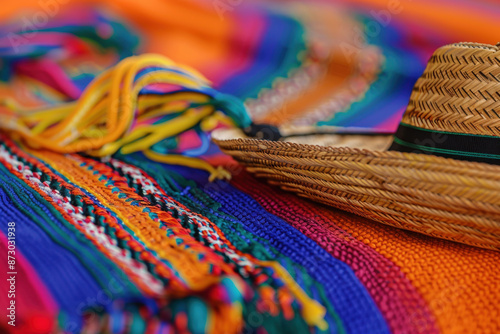 Celebrating mexican heritage with a handcrafted sombrero displayed on a brightly colored textile, showcasing the beauty of traditional craftsmanship photo