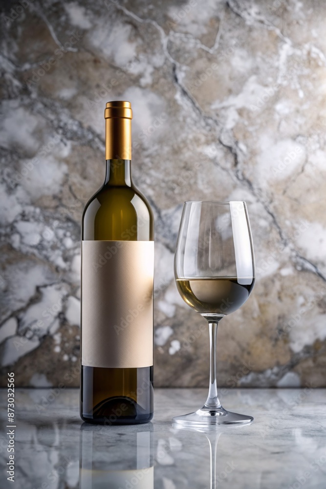 Bottle of white wine and glass on marble tabletop with elegant background Bottle of white wine and glass on marble tabletop with elegant background
