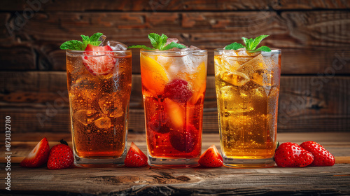 assortment of fresh iced fruit drinks on wooden background, Arrange the fruits and juice glasses on a rustic wooden table with a jug of juice, creating a natural and inviting atmosphere. 