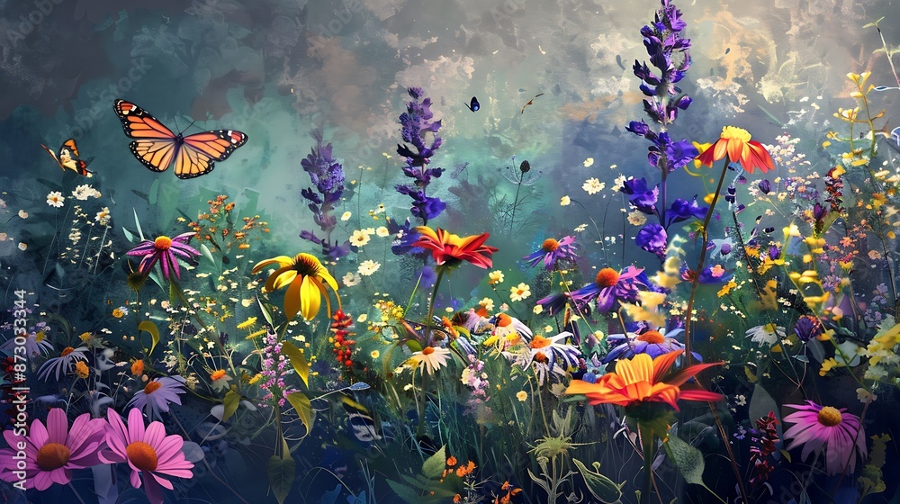 Wildflowers and Butterflies Dance in a Colorful Meadow with Abstract Background Wildflowers and Butterflies Dance in a Colorful Meadow with Abstract Background