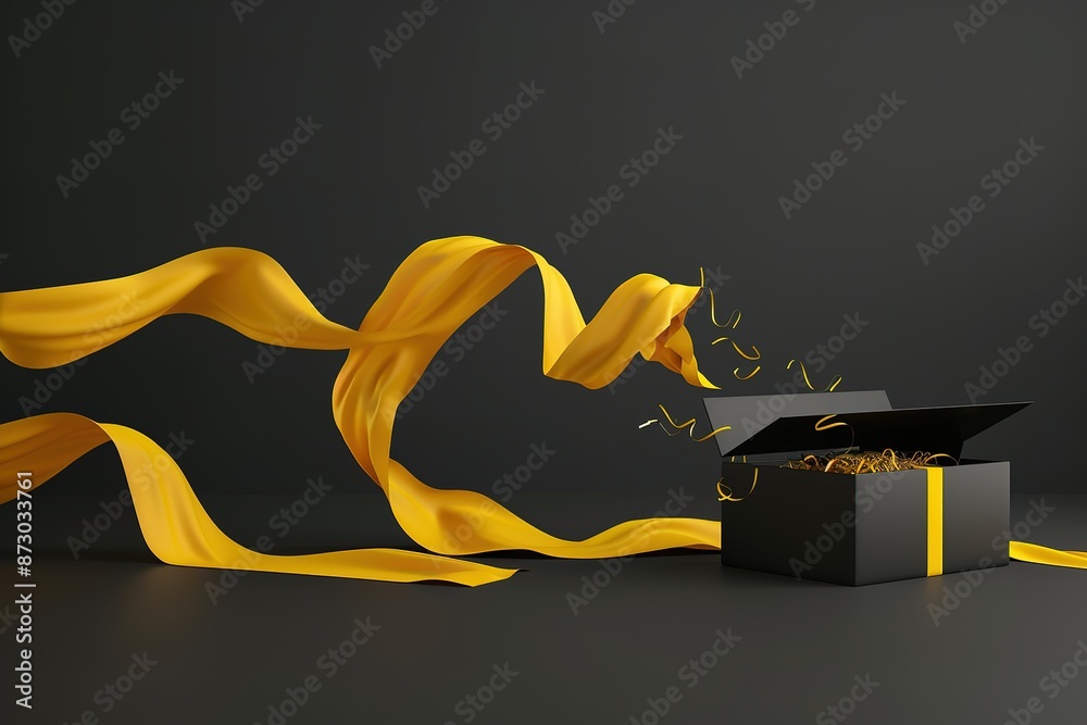 Black Friday Sale and Christmas presents concept. Gift box with black ribbon on red satin textile, close up view Black Friday Sale and Christmas presents concept. Gift box with black ribbon on red satin textile, close up view