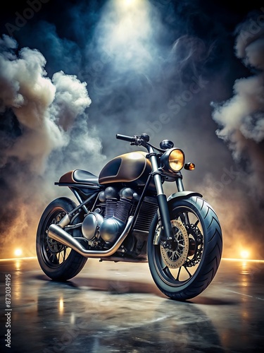 Sleek Black Racer Motorcycle on Minimalist Platform with Smoke Effects © theartcreator