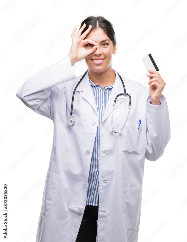Young hispanic doctor woman holding credit card with happy face smiling doing ok sign with hand on eye looking through fingers Young hispanic doctor woman holding credit card with happy face smiling doing ok sign with hand on eye looking through fingers