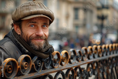 Smiling Man Wearing a Cap Leans on a Wrought Iron Fence in a European City photo