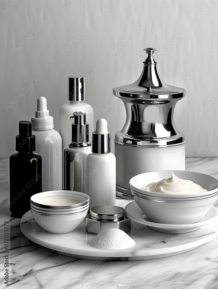 Elegant Monochrome Skincare Products Arranged on Marble Counter Elegant Monochrome Skincare Products Arranged on Marble Counter