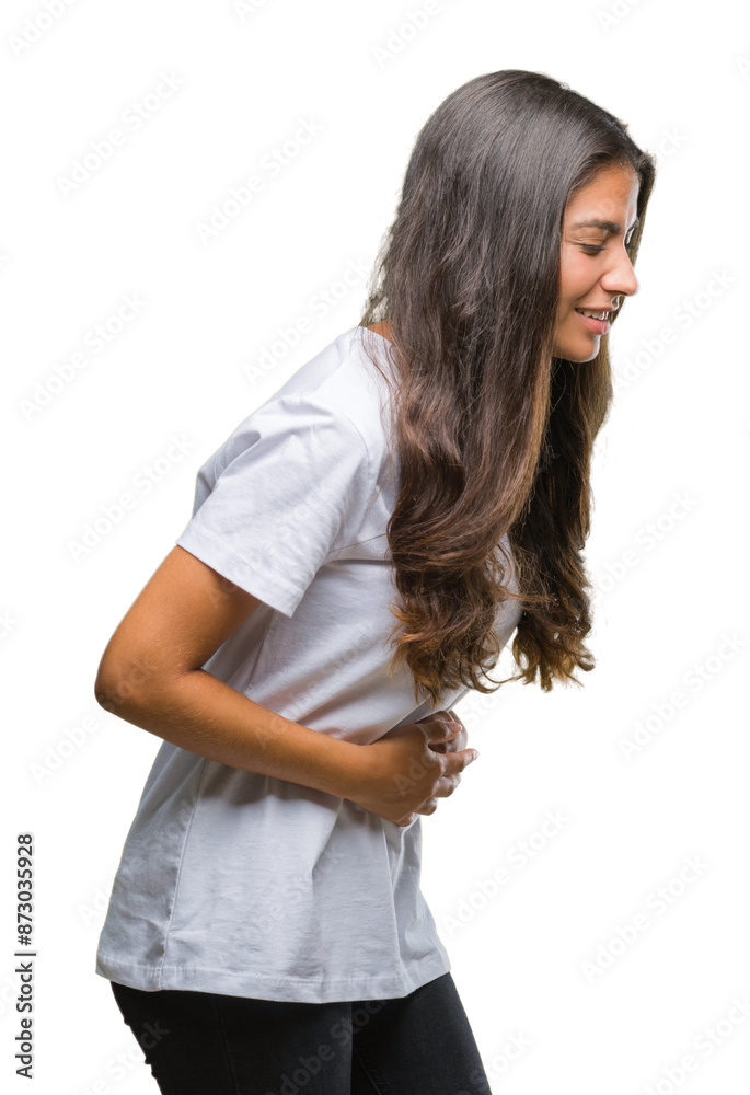 Young beautiful arab woman over isolated background with hand on stomach because nausea, painful disease feeling unwell. Ache concept. Young beautiful arab woman over isolated background with hand on stomach because nausea, painful disease feeling unwell. Ache concept.