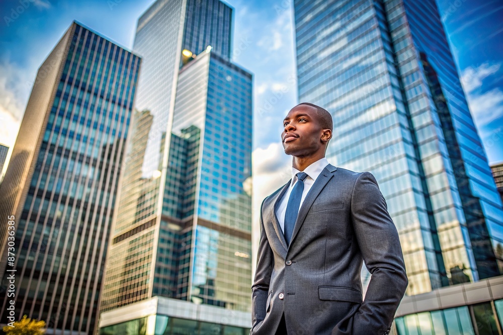Modern urban landscape featuring a sleek city skyscraper with a blurred young African American businessman standing in front, symbolizing success and ambition. Modern urban landscape featuring a sleek city skyscraper with a blurred young African American businessman standing in front, symbolizing success and ambition.
