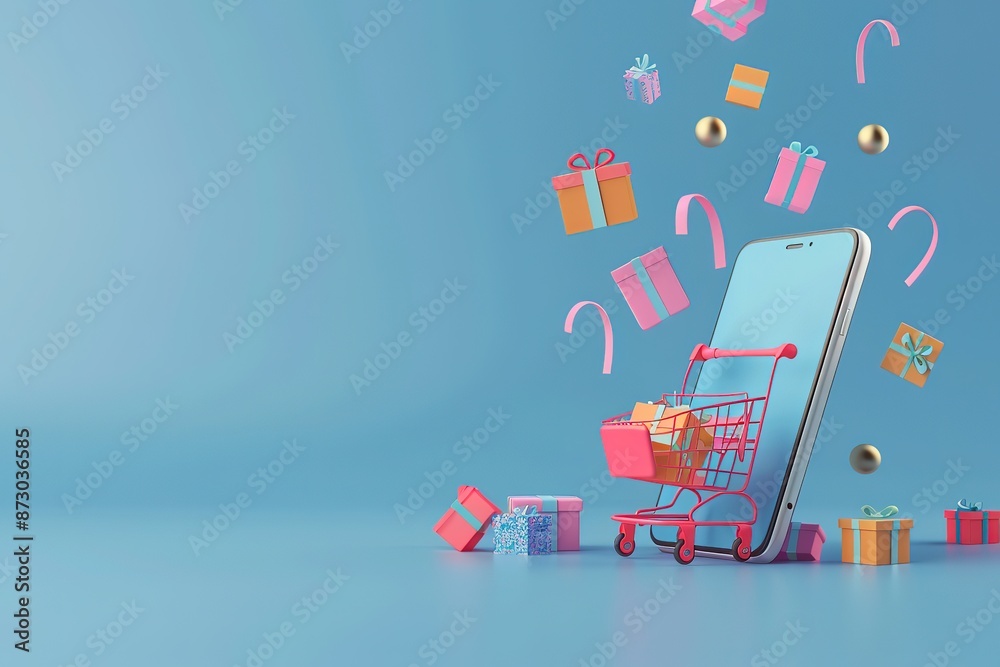 3D render mobile phone with blank screen and floating gift, heart, ribbon and geometric shapes. 3D render mobile phone with blank screen and floating gift, heart, ribbon and geometric shapes.