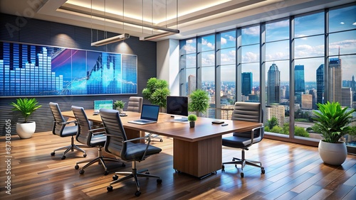 Modern office setting with sleek furniture and state-of-the-art technology displays financial charts and graphs, reflecting dynamic business planning and investment strategies unfolding.