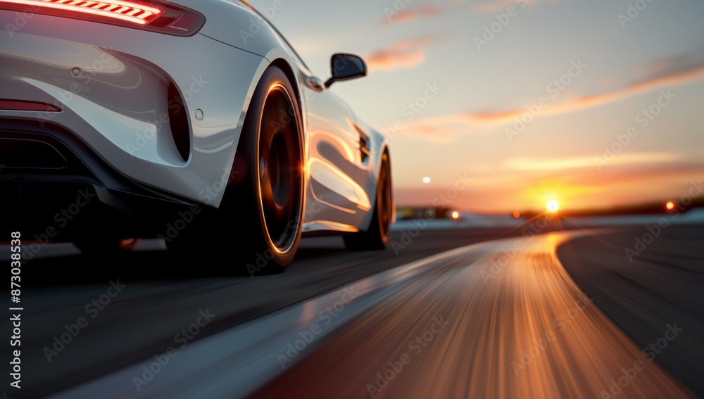 Dynamic Close-Up of a High-Speed Sports Car Race Track at Dusk with Motion Blur, Essence of Speed Performance Luxury Racing Dynamic Close-Up of a High-Speed Sports Car Race Track at Dusk with Motion Blur, Essence of Speed Performance Luxury Racing
