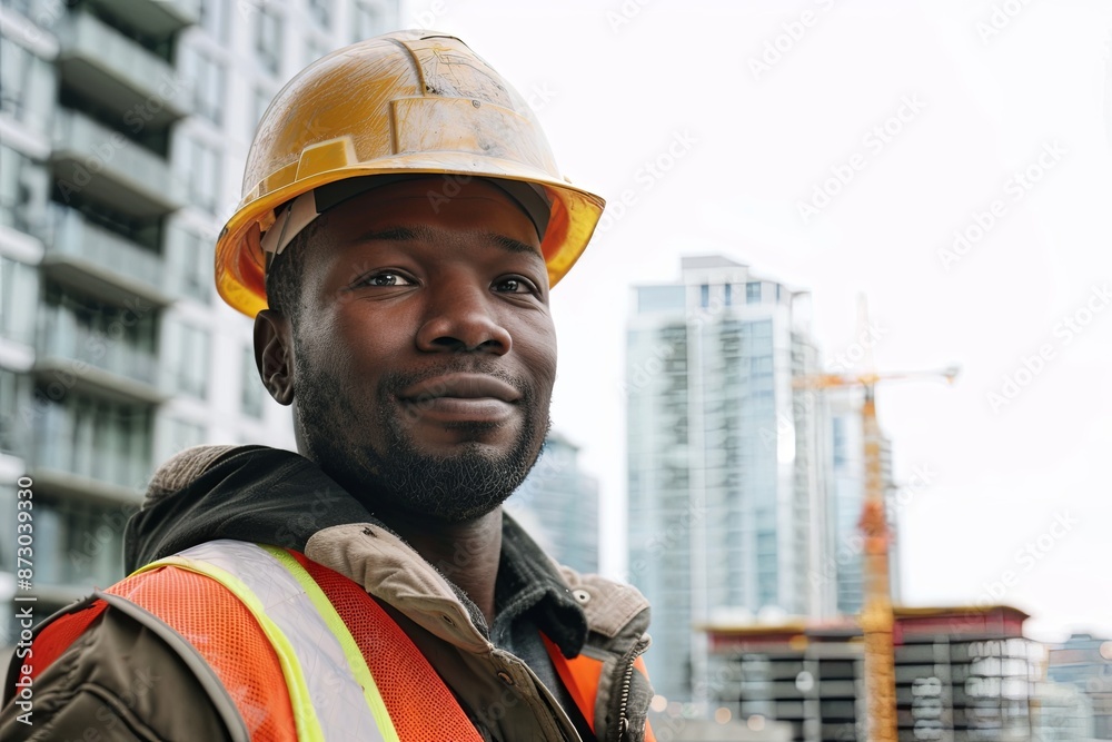 A portrait of a construction worker wearing a safety helmet, with city buildings under construction visible in the background against a white backdrop A portrait of a construction worker wearing a safety helmet, with city buildings under construction visible in the background against a white backdrop