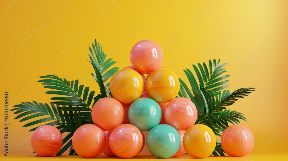 Summery Arrangement of Colorful Balls and Palm Leaves Summery Arrangement of Colorful Balls and Palm Leaves