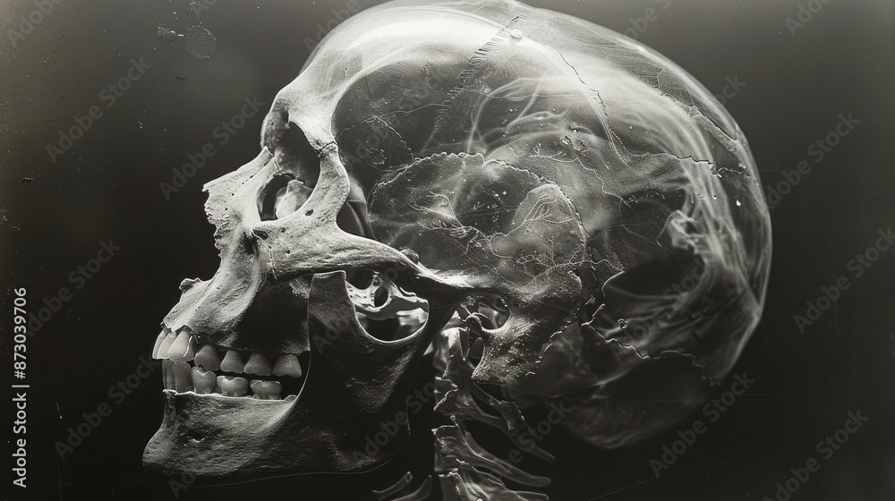 A Detailed Profile of a Human Skull in Black and White. Generative AI A Detailed Profile of a Human Skull in Black and White. Generative AI