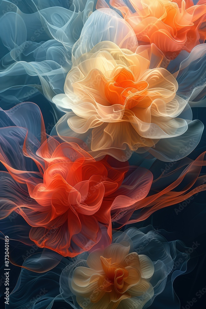 Abstract floral art with vibrant, translucent orange and white flowers on a dark background, evoking a sense of ethereal beauty. Abstract floral art with vibrant, translucent orange and white flowers on a dark background, evoking a sense of ethereal beauty.