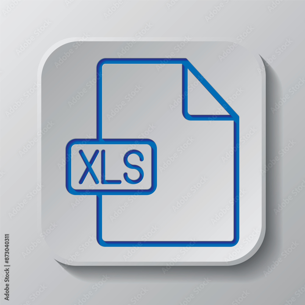 XLS file simple icon vector. Flat design. Paper cut design. Cutted blue symbol with shadow. Gray badge button, gray background XLS file simple icon vector. Flat design. Paper cut design. Cutted blue symbol with shadow. Gray badge button, gray background