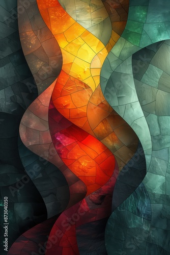 Wallpaper Mural Abstract stained glass composition with flowing wave patterns in vibrant red, orange, and green hues, perfect for artistic background use. Torontodigital.ca