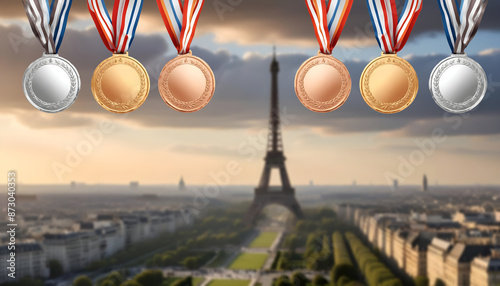 Golden, silver and bronze blank medals against the backdrop of Paris with the Eiffel Tower in a blurred background.