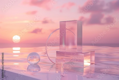 Glass Objects on a Marble Platform Against a Pink Sunset