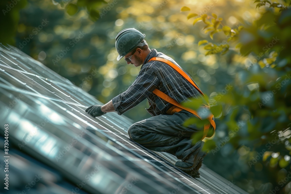 Male worker installing photovoltaic solar panels on the roof. Male worker installing photovoltaic solar panels on the roof.