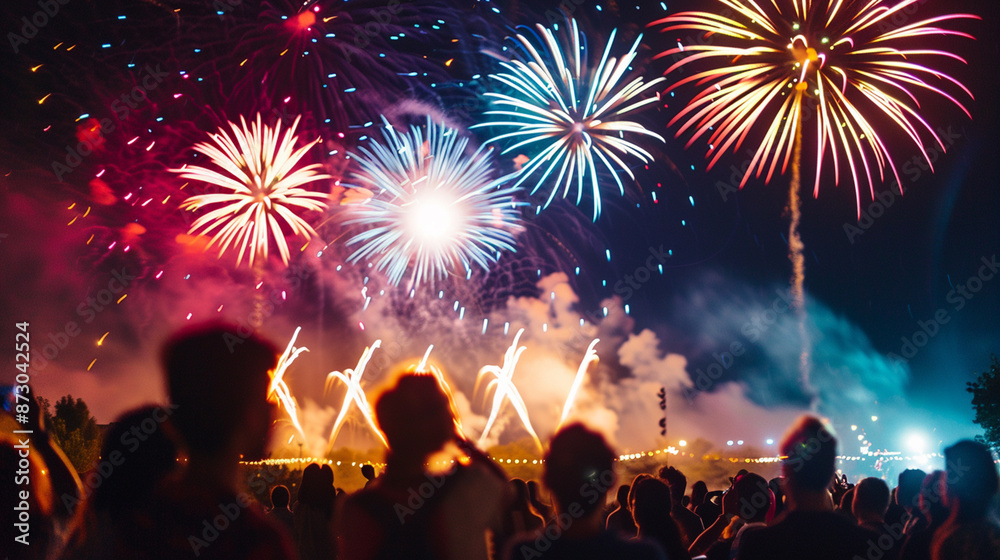 Obraz premium celebration festival crowd enjoying a firework display at nigh