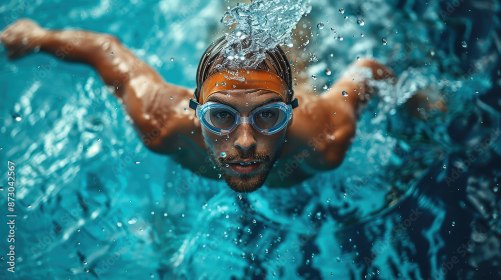 Fototapeta premium A man is swimming underwater. He is wearing a swim cap and goggles. 